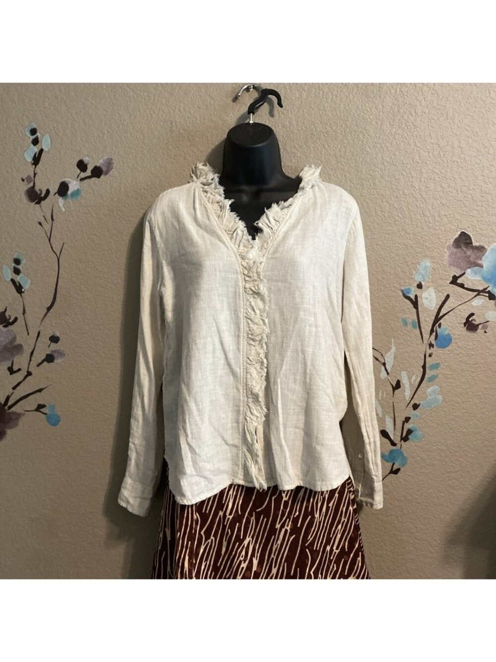 Dylan Western Ruffle Cotton Button Down Shirt S Boho Beige